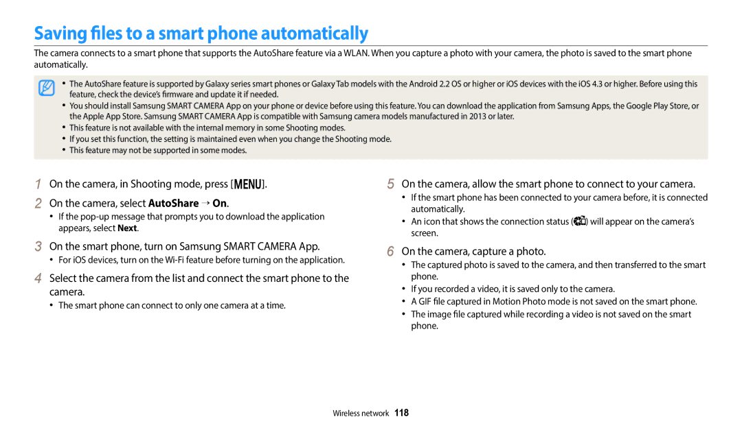 Samsung WB800F White Saving files to a smart phone automatically, On the smart phone, turn on Samsung Smart Camera App 