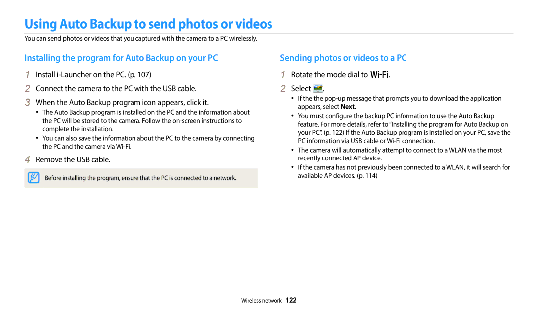 Samsung EC-WB800FBPWUS Using Auto Backup to send photos or videos, Installing the program for Auto Backup on your PC 