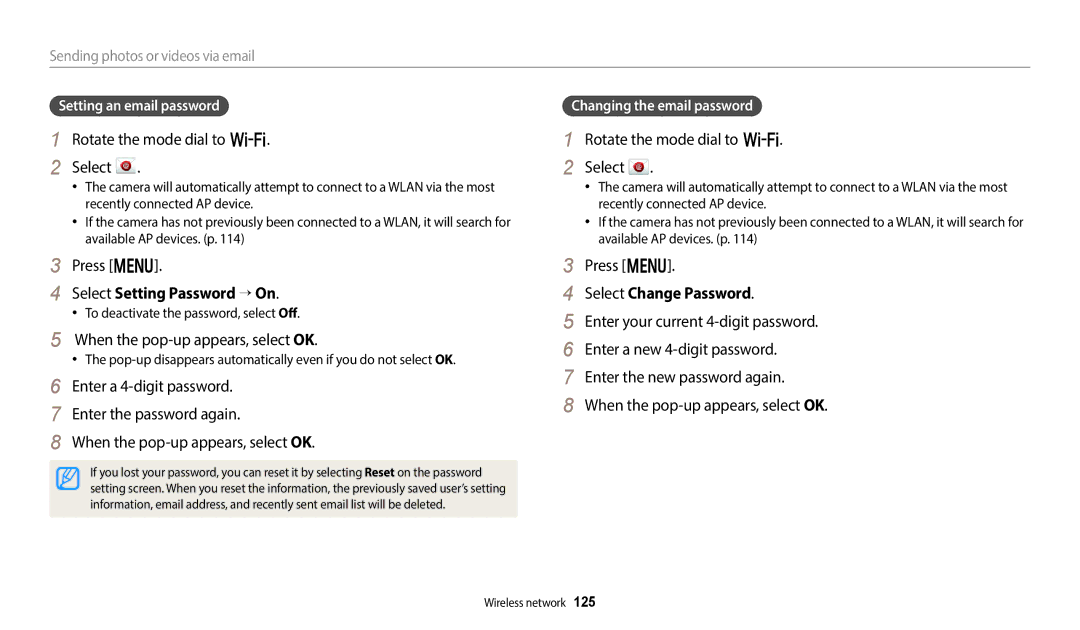 Samsung EC-WB800FBPRUS user manual Select Setting Password “ On, When the pop-up appears, select OK, Select Change Password 