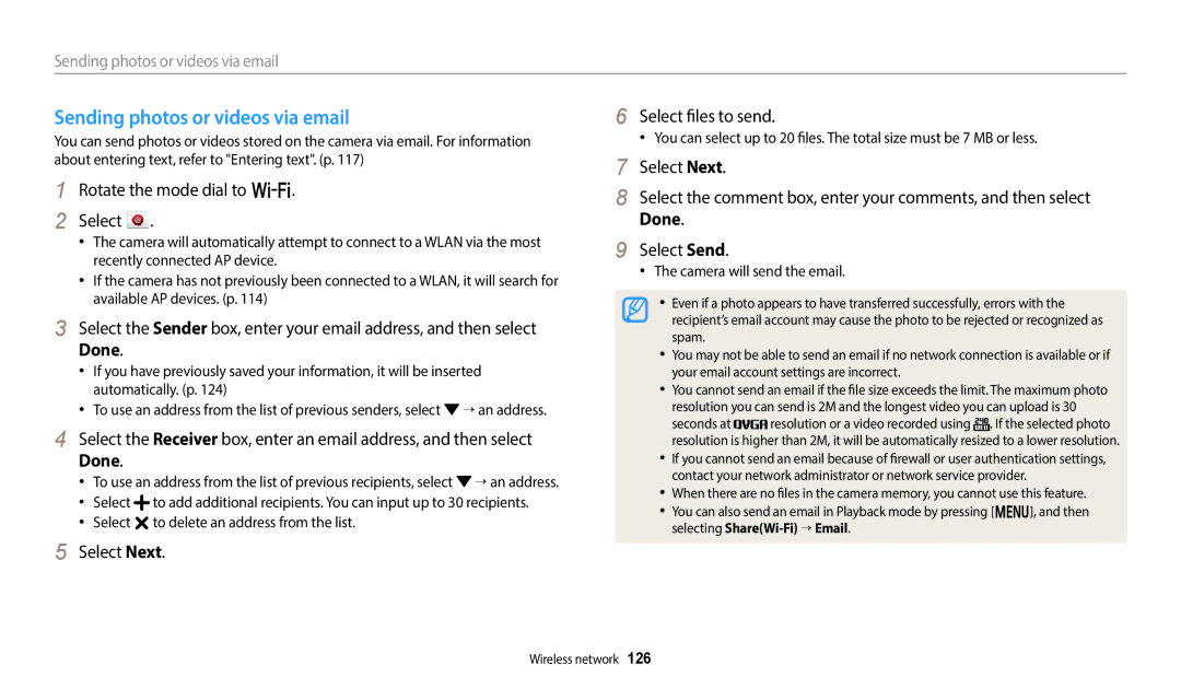 Samsung EC-WB800FBPBUS Sending photos or videos via email, Select Next Select files to send, Camera will send the email 