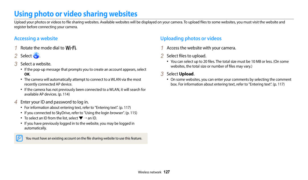 Samsung ECWB800FFPRUS, WB800F White Using photo or video sharing websites, Accessing a website, Uploading photos or videos 