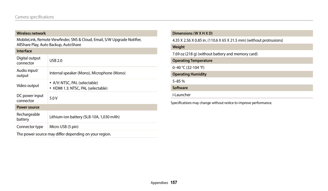 Samsung ECWB800FFPRUS Wireless network, Interface, Power source, Dimensions W X H X D, Weight, Operating Temperature 