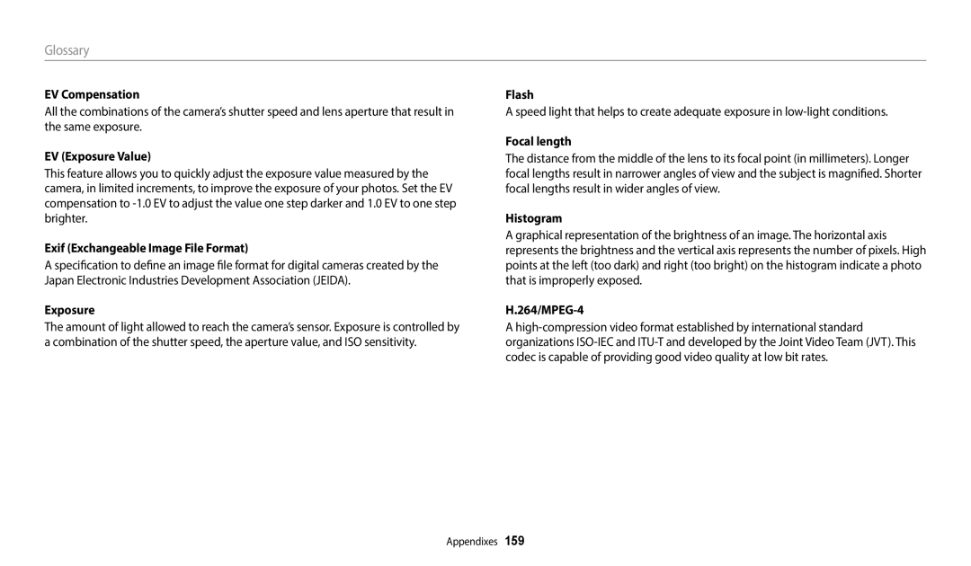 Samsung WB800F user manual EV Compensation, EV Exposure Value, Exif Exchangeable Image File Format, Focal length, Histogram 