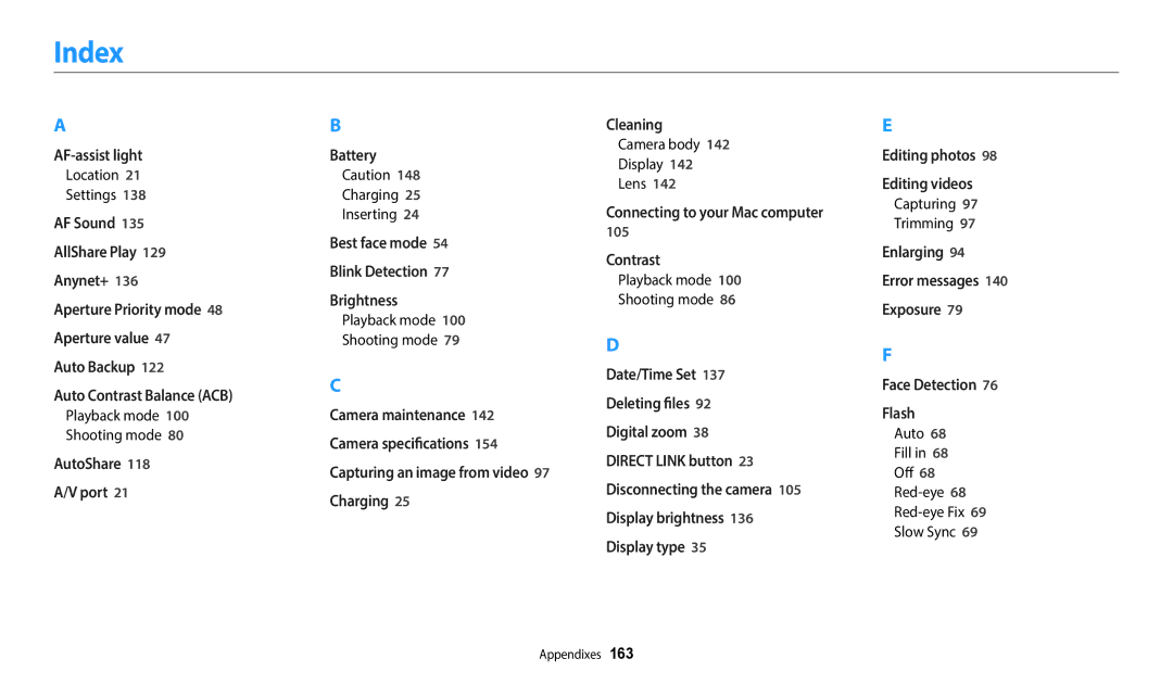 Samsung ECWB800FFPRUS, EC-WB800FBPRUS, EC-WB800FBPBUS, EC-WB800FBPWUS, WB800F White user manual Index 