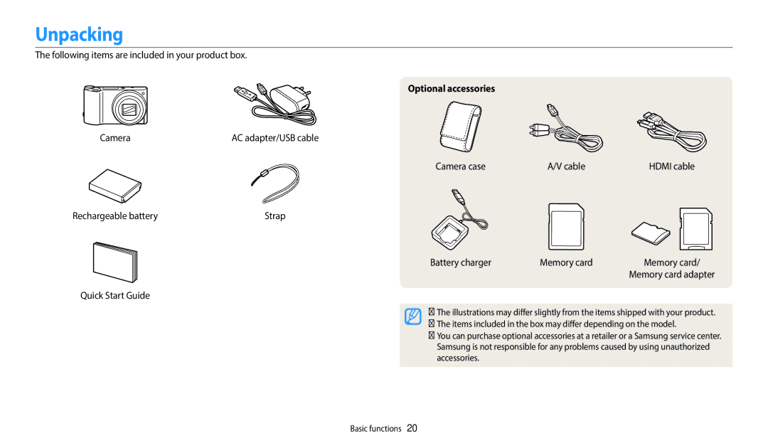 Samsung EC-WB800FBPWUS, EC-WB800FBPRUS, EC-WB800FBPBUS, ECWB800FFPRUS, WB800F White user manual Unpacking, Optional accessories 