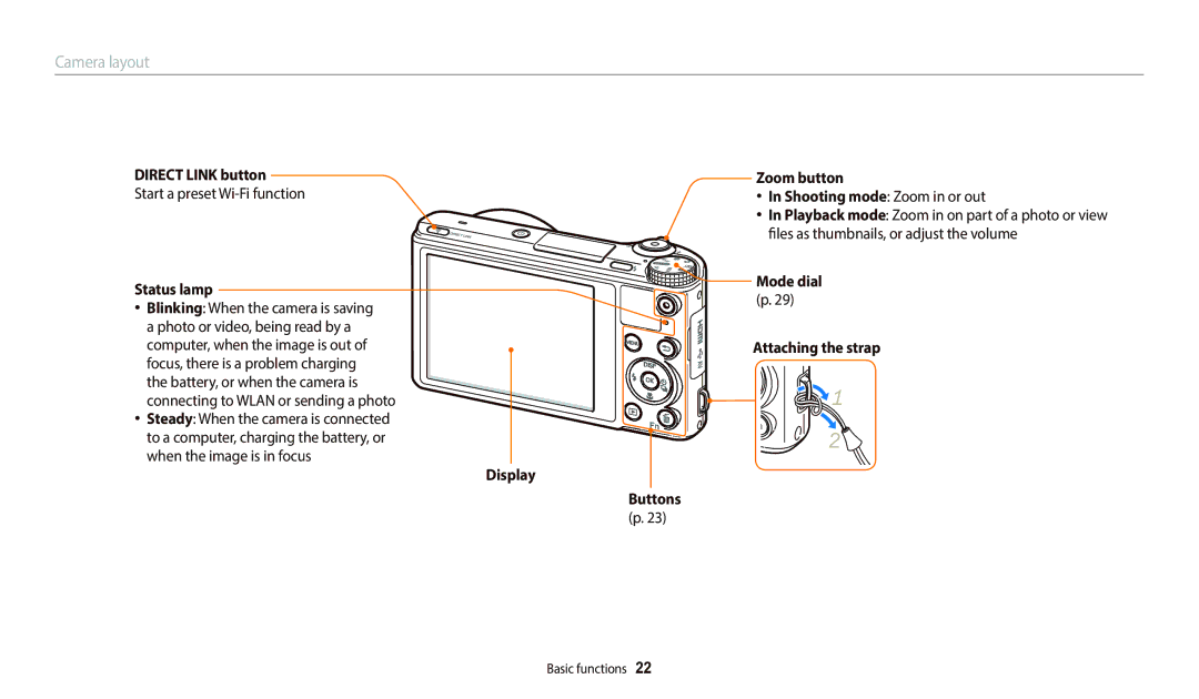 Samsung WB800F White, EC-WB800FBPRUS, EC-WB800FBPBUS Direct Link button, Start a preset Wi-Fi function, Status lamp 