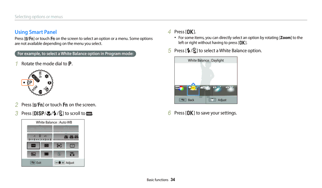 Samsung WB800F White, EC-WB800FBPRUS, EC-WB800FBPBUS, ECWB800FFPRUS, EC-WB800FBPWUS user manual Using Smart Panel, Press o 