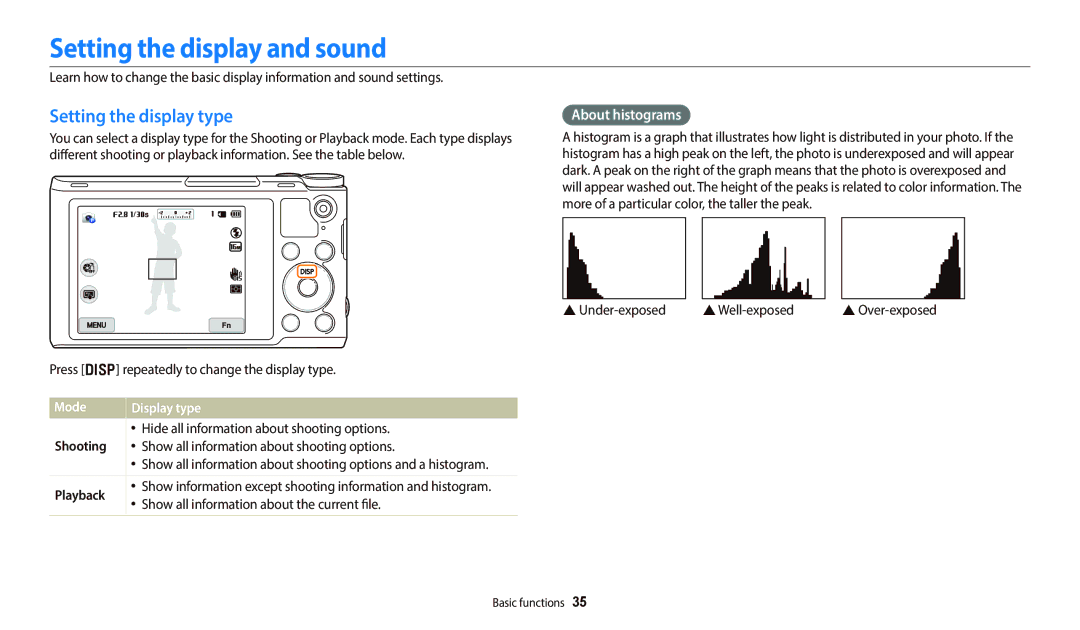 Samsung EC-WB800FBPRUS Setting the display and sound, Setting the display type, About histograms, Mode, Playback 