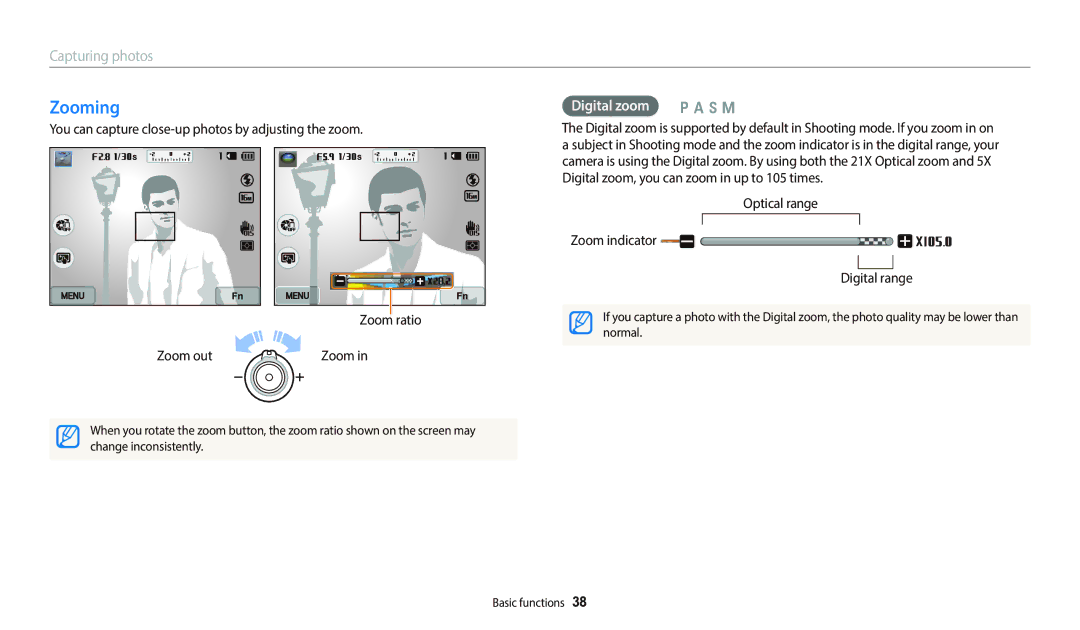 Samsung EC-WB800FBPWUS, EC-WB800FBPRUS user manual Zooming, Digital zoom p a h M, Optical range Zoom indicator Digital range 