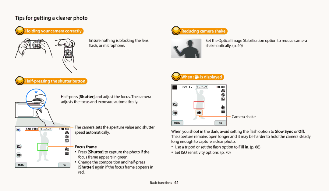 Samsung EC-WB800FBPRUS Holding your camera correctly, Half-pressing the shutter button, Reducing camera shake, Focus frame 