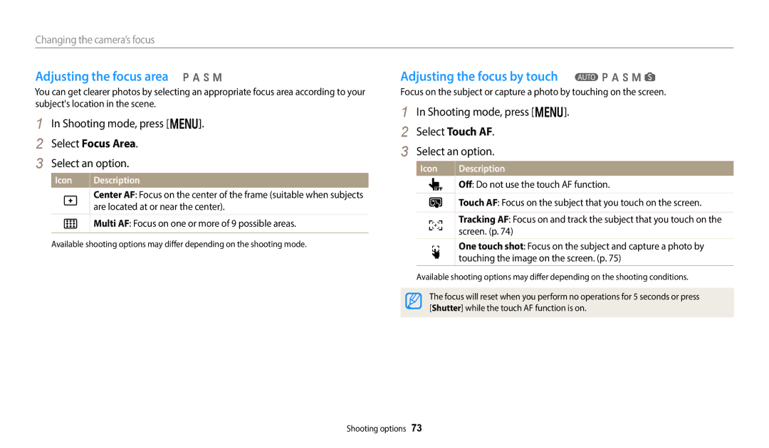 Samsung ECWB800FFPRUS Adjusting the focus area p a h M, Adjusting the focus by touch T p a h M s, Select Focus Area 