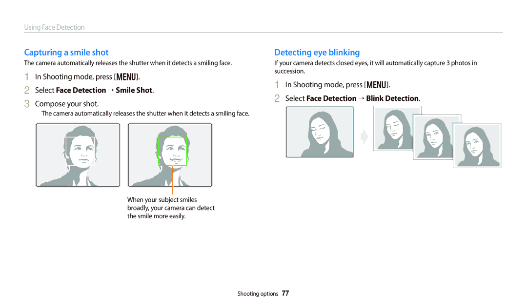 Samsung EC-WB800FBPRUS, EC-WB800FBPBUS Capturing a smile shot, Detecting eye blinking, Select Face Detection “ Smile Shot 