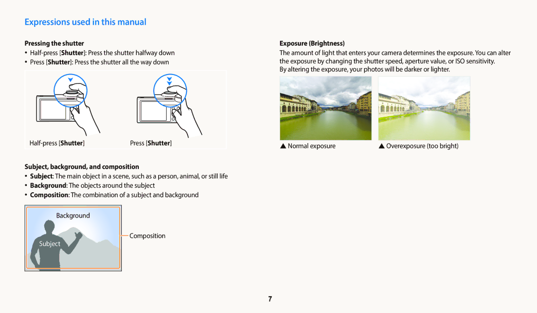 Samsung ECWB800FFPRUS Expressions used in this manual, Pressing the shutter, Subject, background, and composition 