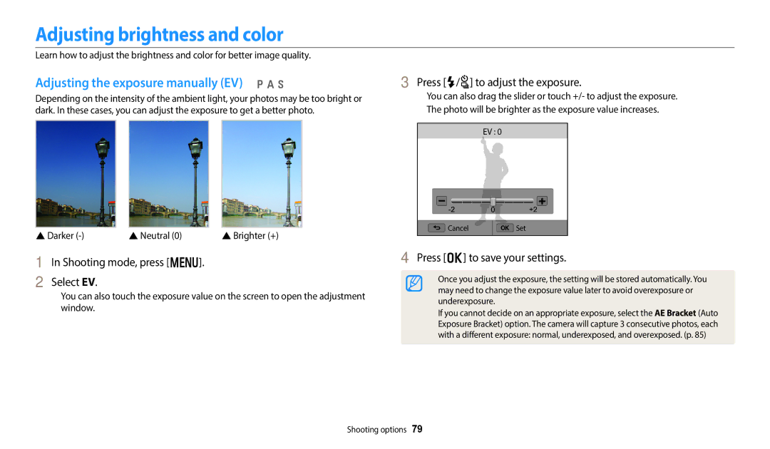 Samsung ECWB800FFPRUS, EC-WB800FBPRUS user manual Adjusting brightness and color, Adjusting the exposure manually EV p a h 