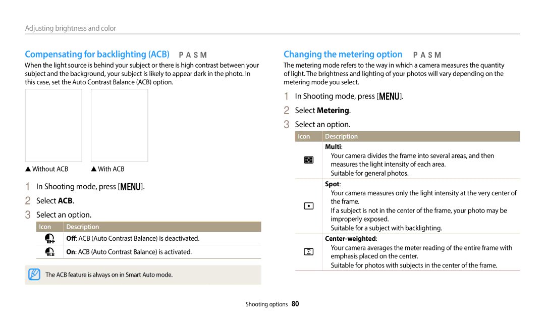 Samsung EC-WB800FBPWUS, EC-WB800FBPRUS Compensating for backlighting ACB p a h M, Changing the metering option p a h M 