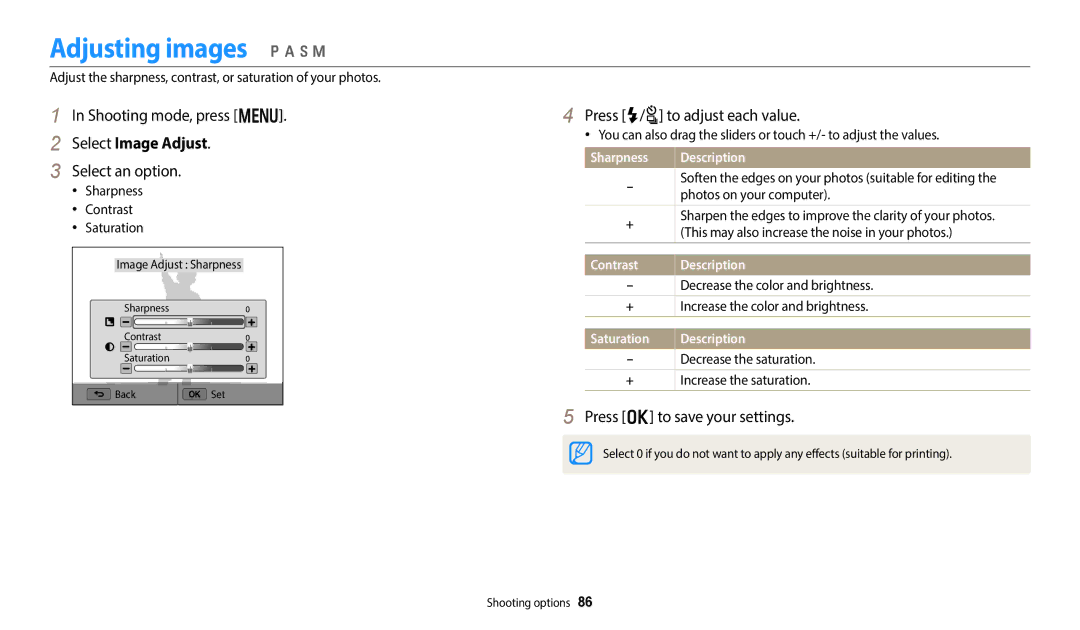 Samsung EC-WB800FBPWUS, EC-WB800FBPRUS Adjusting images p a h M, Select Image Adjust, Press F/t to adjust each value 