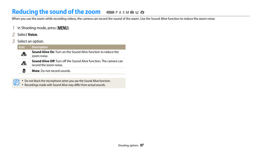 Samsung WB800F Reducing the sound of the zoom T p a h M s i g, Shooting mode, press m Select Voice Select an option 