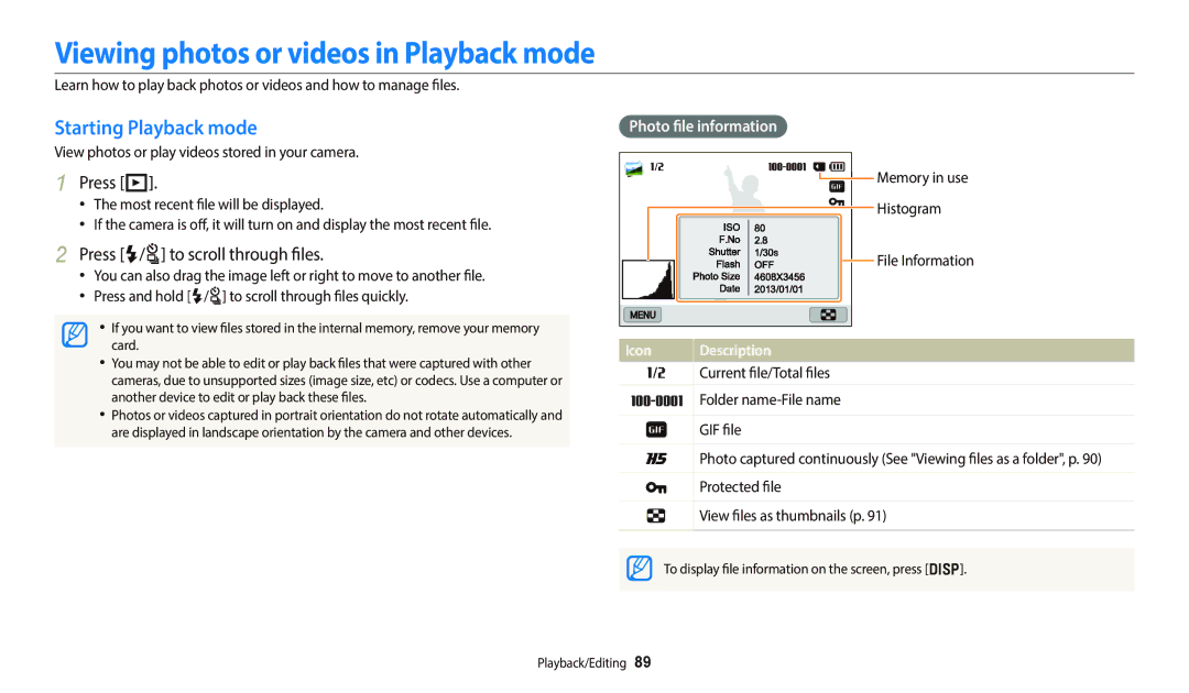 Samsung EC-WB800FBPRUS Viewing photos or videos in Playback mode, Starting Playback mode, Press P, Photo file information 