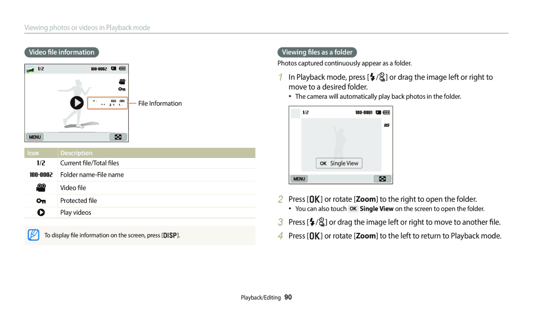 Samsung EC-WB800FBPBUS, EC-WB800FBPRUS Press o or rotate Zoom to the right to open the folder, Video file information 