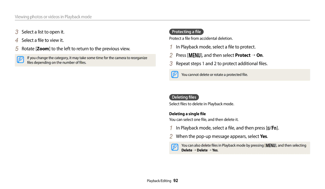Samsung EC-WB800FBPWUS, EC-WB800FBPRUS, EC-WB800FBPBUS user manual Protecting a file, Deleting files, Deleting a single file 