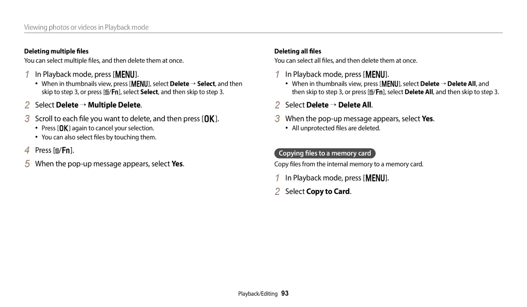 Samsung EC-WB800FBPRUS, EC-WB800FBPBUS Select Delete “ Multiple Delete, Select Delete “ Delete All, Select Copy to Card 