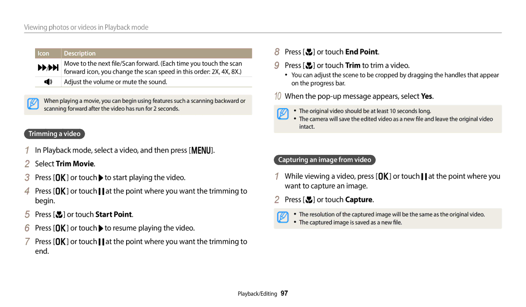 Samsung ECWB800FFPRUS, EC-WB800FBPRUS Playback mode, select a video, and then press m, Select Trim Movie, Trimming a video 