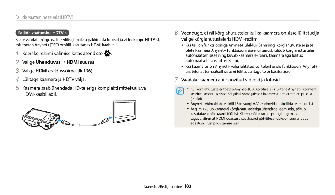 Samsung EC-WB800FFPBE2, EC-WB800FBPWE2 Valige Ühenduvus “ Hdmi suurus, Vaadake kaamera abil soovitud videoid ja fotosid 