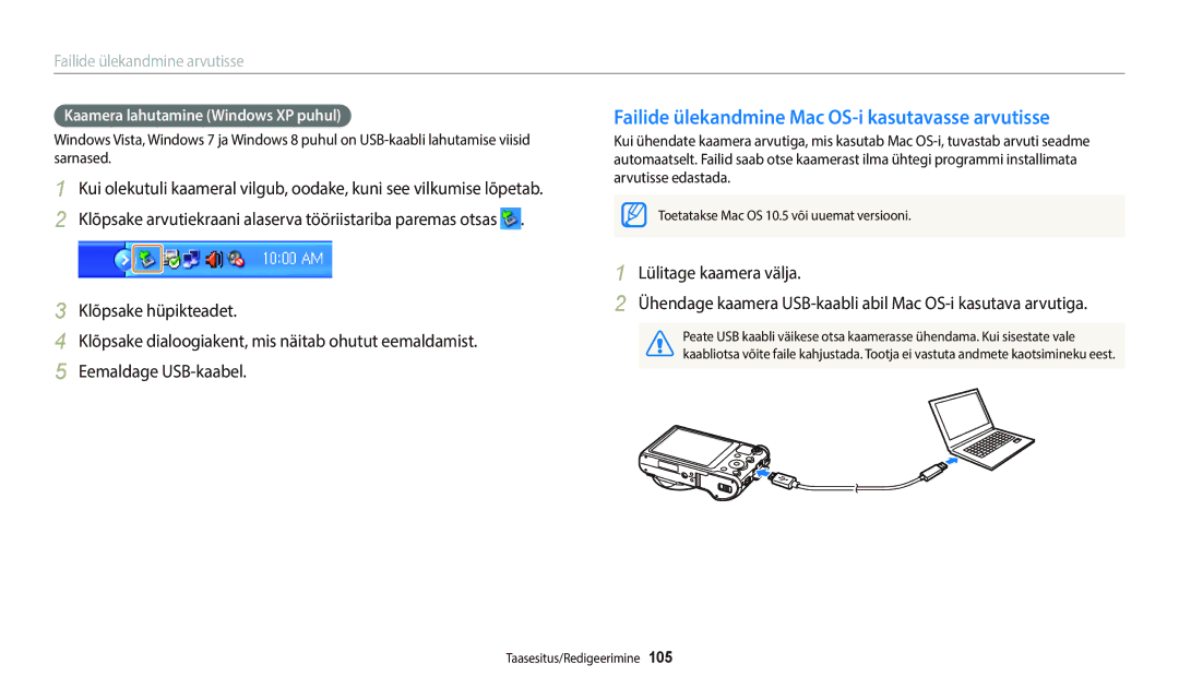 Samsung EC-WB700ZBPBE2 manual Failide ülekandmine Mac OS-i kasutavasse arvutisse, Kaamera lahutamine Windows XP puhul 