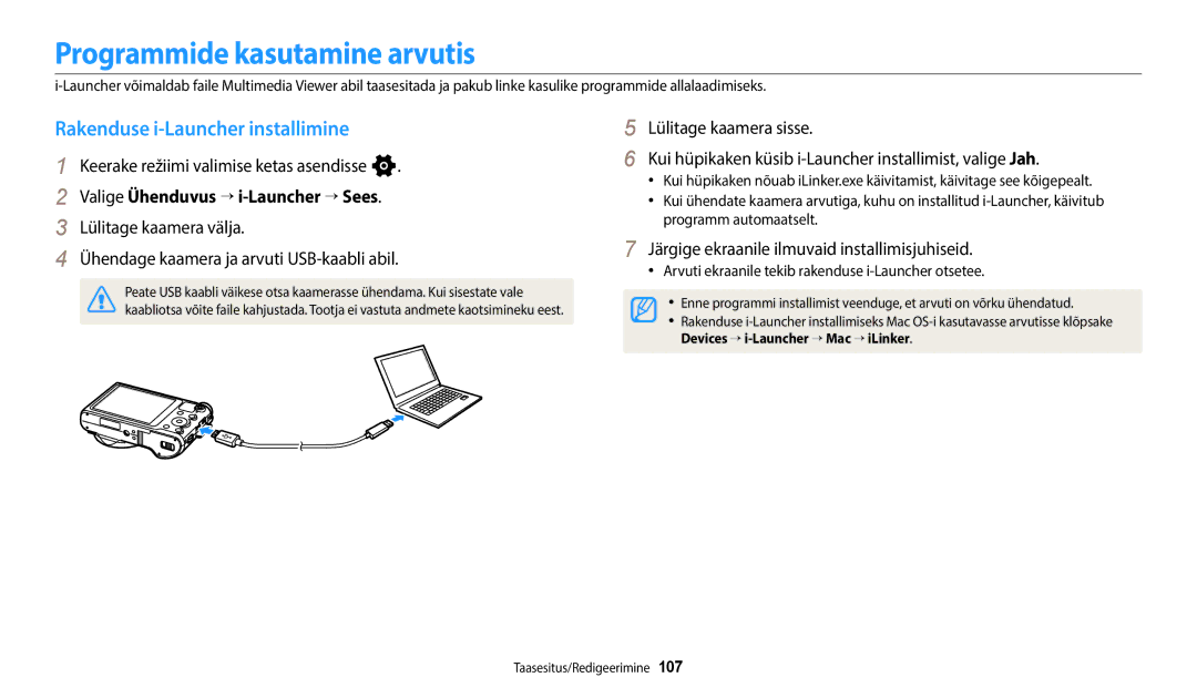 Samsung EC-WB800FFPWE2, EC-WB800FBPWE2, EC-WB700ZBPBE2 Programmide kasutamine arvutis, Rakenduse i-Launcher installimine 