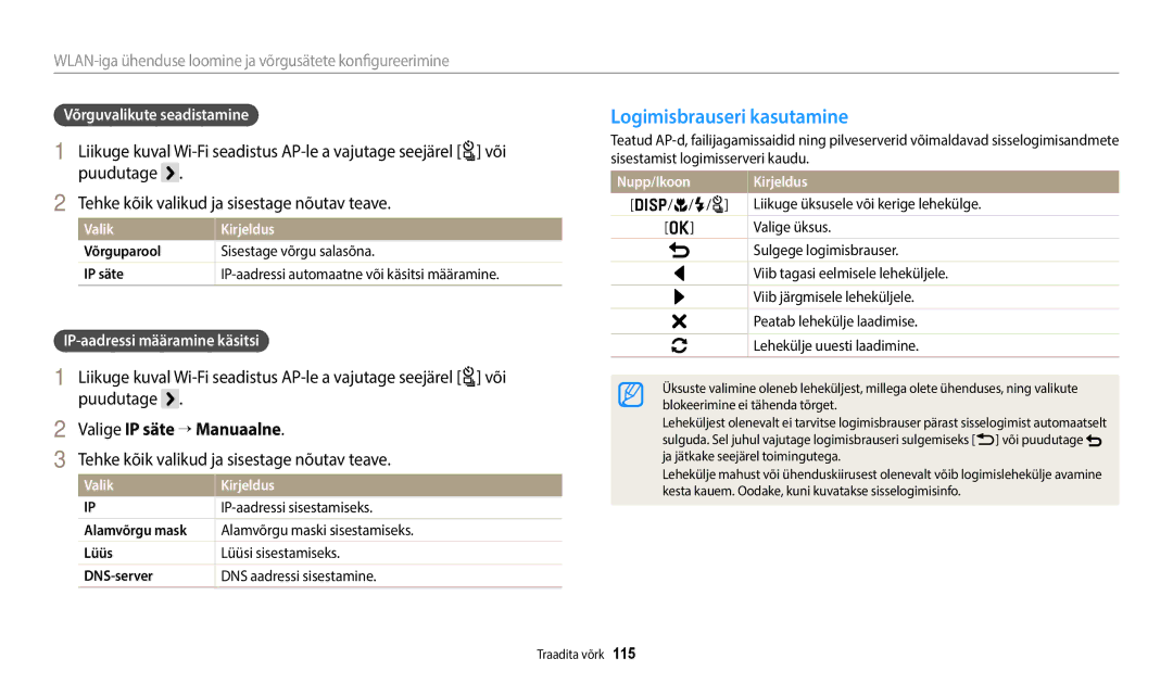 Samsung EC-WB700ZBPBE2, EC-WB800FBPWE2 Puudutage, Tehke kõik valikud ja sisestage nõutav teave, Valige IP säte “ Manuaalne 