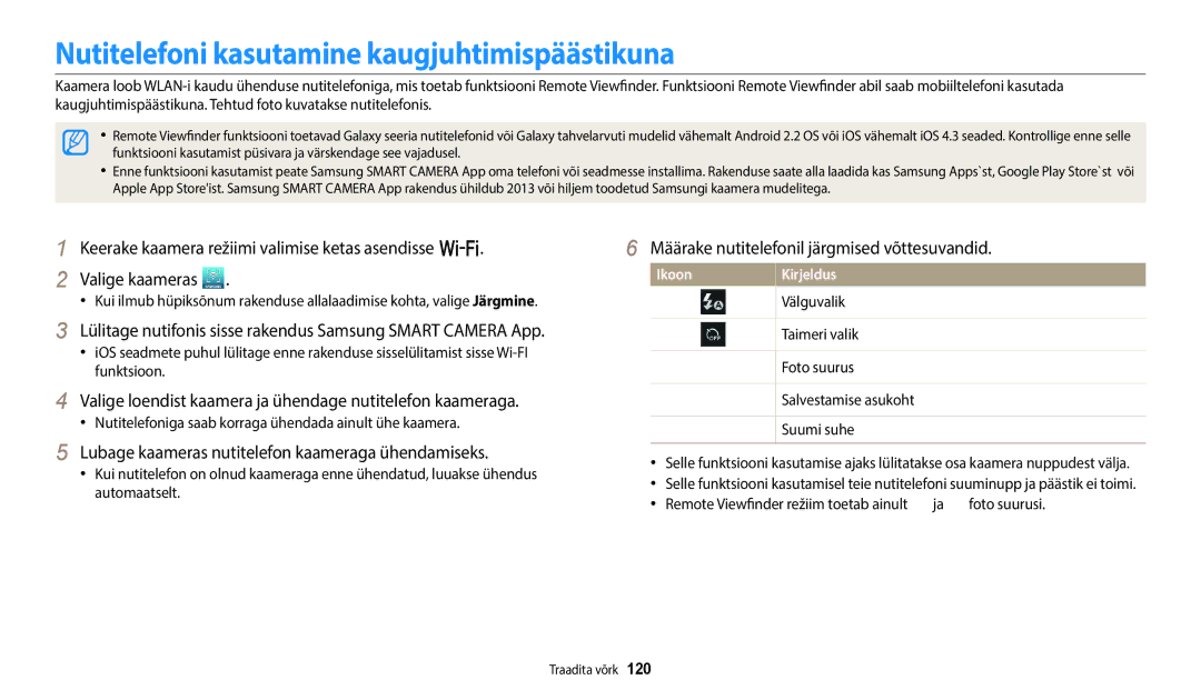 Samsung EC-WB700ZBPBE2 manual Nutitelefoni kasutamine kaugjuhtimispäästikuna, Määrake nutitelefonil järgmised võttesuvandid 