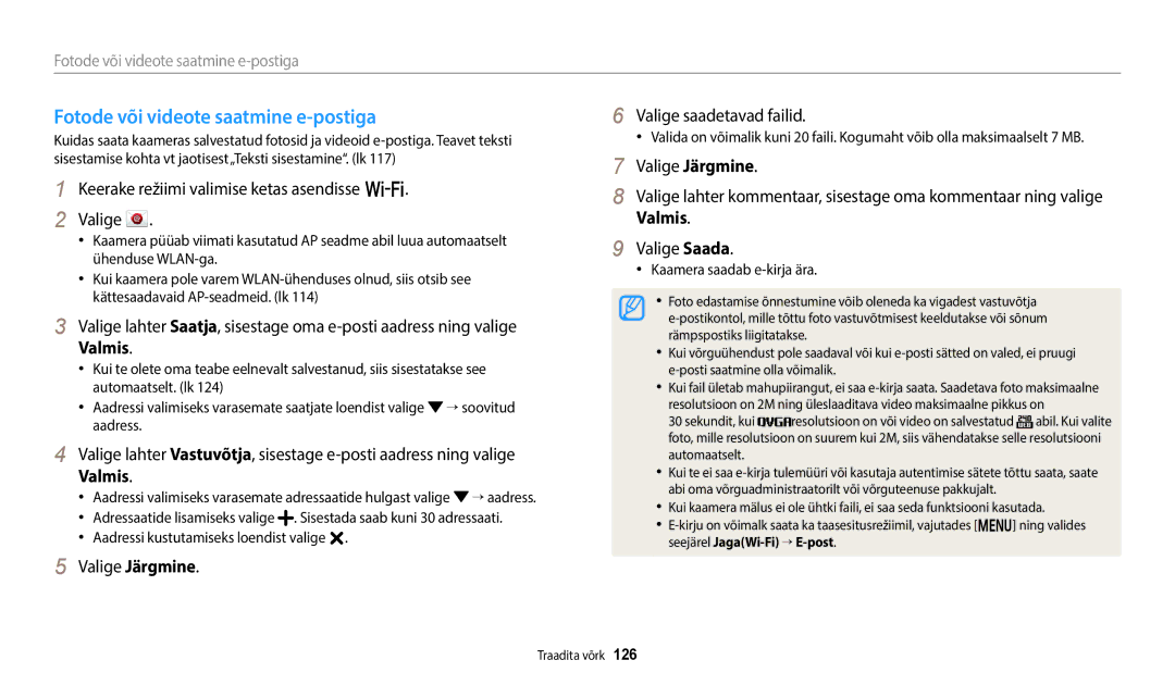 Samsung EC-WB800FBPBE2, EC-WB800FBPWE2 Fotode või videote saatmine e-postiga, Valige Järgmine Valige saadetavad failid 