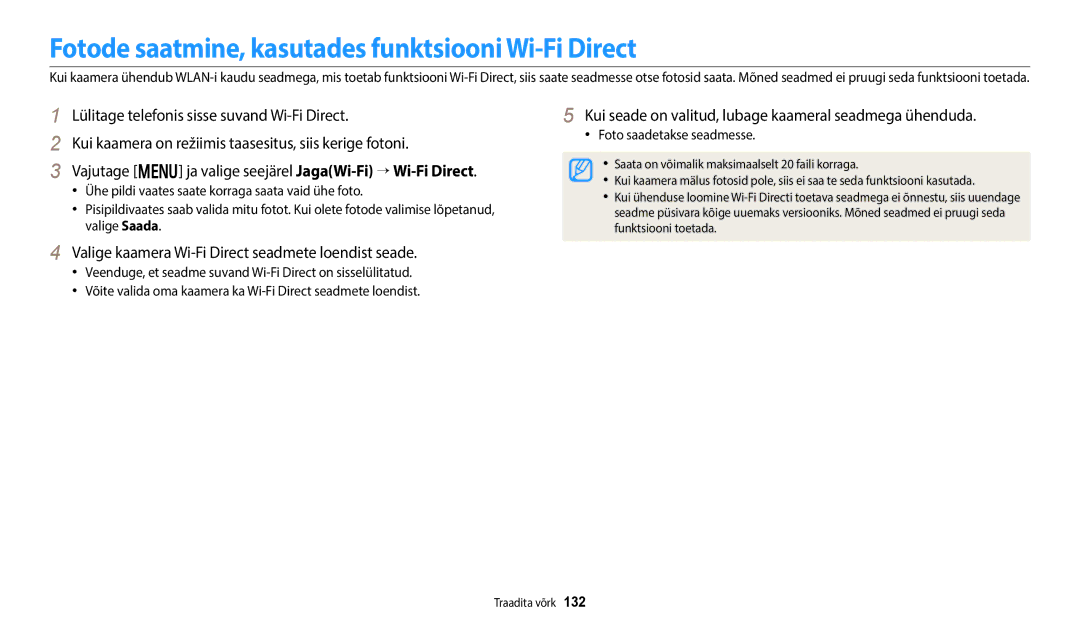 Samsung EC-WB800FFPWE2, EC-WB800FBPWE2 manual Fotode saatmine, kasutades funktsiooni Wi-Fi Direct, Foto saadetakse seadmesse 