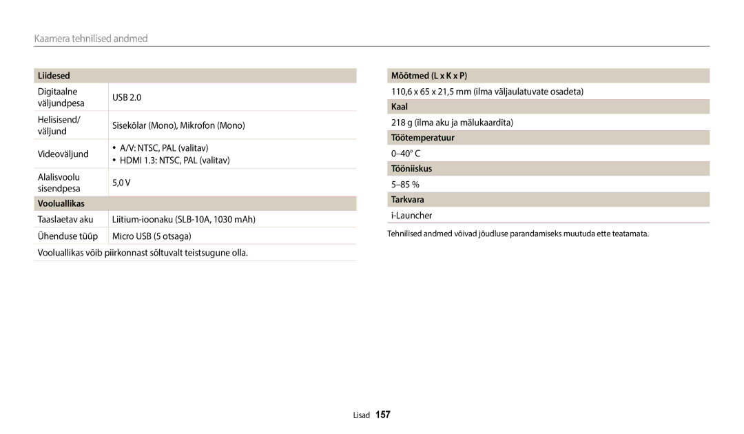 Samsung EC-WB800FFPWE2 manual Liidesed, Vooluallikas, Mõõtmed L x K x P, Kaal, Töötemperatuur, Tööniiskus, Tarkvara 