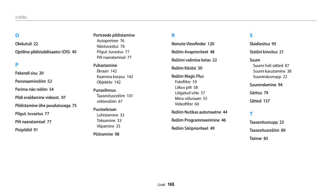 Samsung EC-WB700ZBPBE2, EC-WB800FBPWE2 manual Ekraan 142 Kaamera korpus 142 Objektiiv, Lohistamine Toksamine Viipamine 