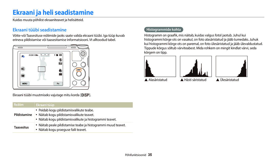 Samsung EC-WB700ZBPBE2 Ekraani ja heli seadistamine, Ekraani tüübi seadistamine, Histogrammide kohta, Režiim, Taasesitus 