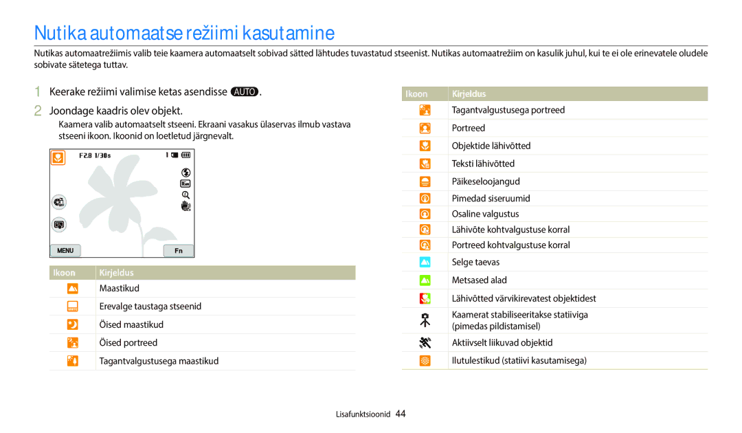 Samsung EC-WB800FBPWE2, EC-WB700ZBPBE2, EC-WB800FBPBE2, EC-WB800FFPWE2, EC-WB800FFPBE2 Nutika automaatse režiimi kasutamine 