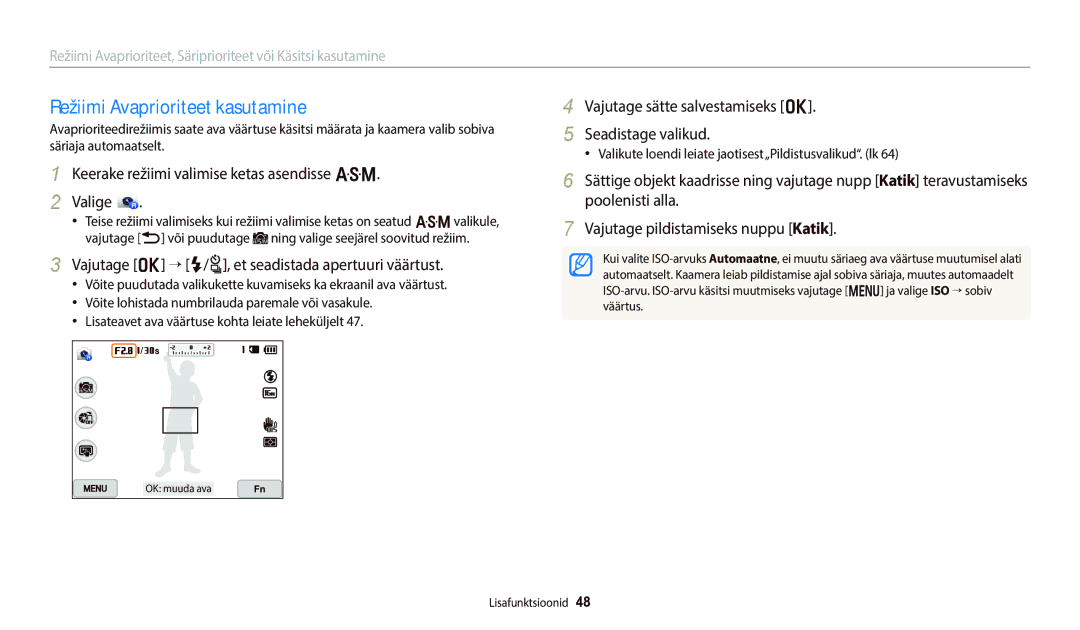 Samsung EC-WB800FFPBE2, EC-WB800FBPWE2 Režiimi Avaprioriteet kasutamine, Keerake režiimi valimise ketas asendisse G Valige 