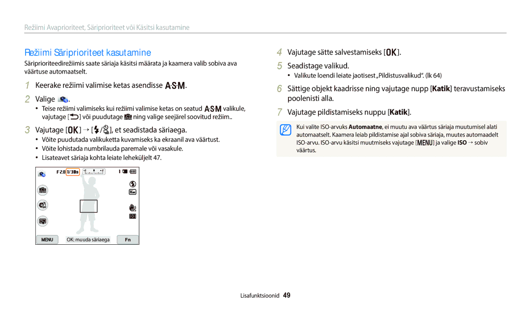 Samsung EC-WB800FBPWE2, EC-WB700ZBPBE2 manual Režiimi Säriprioriteet kasutamine, Vajutage o “ F/t, et seadistada säriaega 