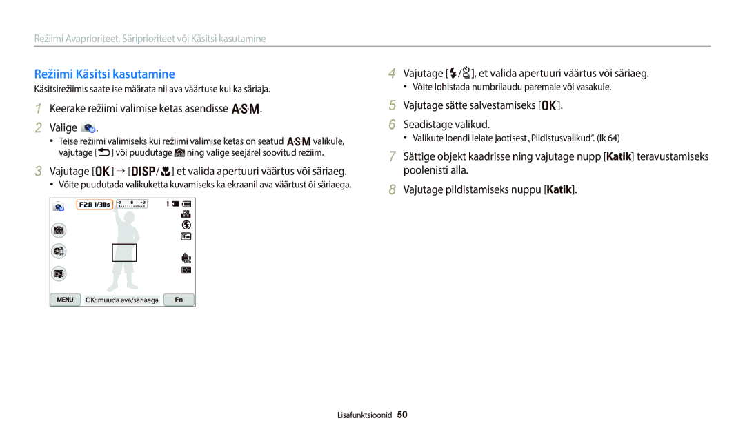 Samsung EC-WB700ZBPBE2 manual Režiimi Käsitsi kasutamine, Vajutage o “ D/c et valida apertuuri väärtus või säriaeg 