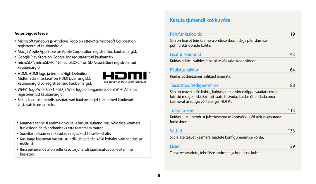 Samsung EC-WB700ZBPBE2, EC-WB800FBPWE2, EC-WB800FBPBE2 manual Kasutusjuhendi kokkuvõte, 113, 133, 139, Autoriõiguse teave 