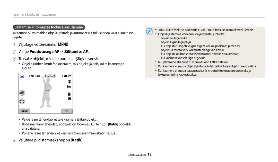 Samsung EC-WB800FBPWE2 manual Valige Puudutusega AF “ Jälitamise AF, Toksake objekti, mida te puutealal jälgida soovite 