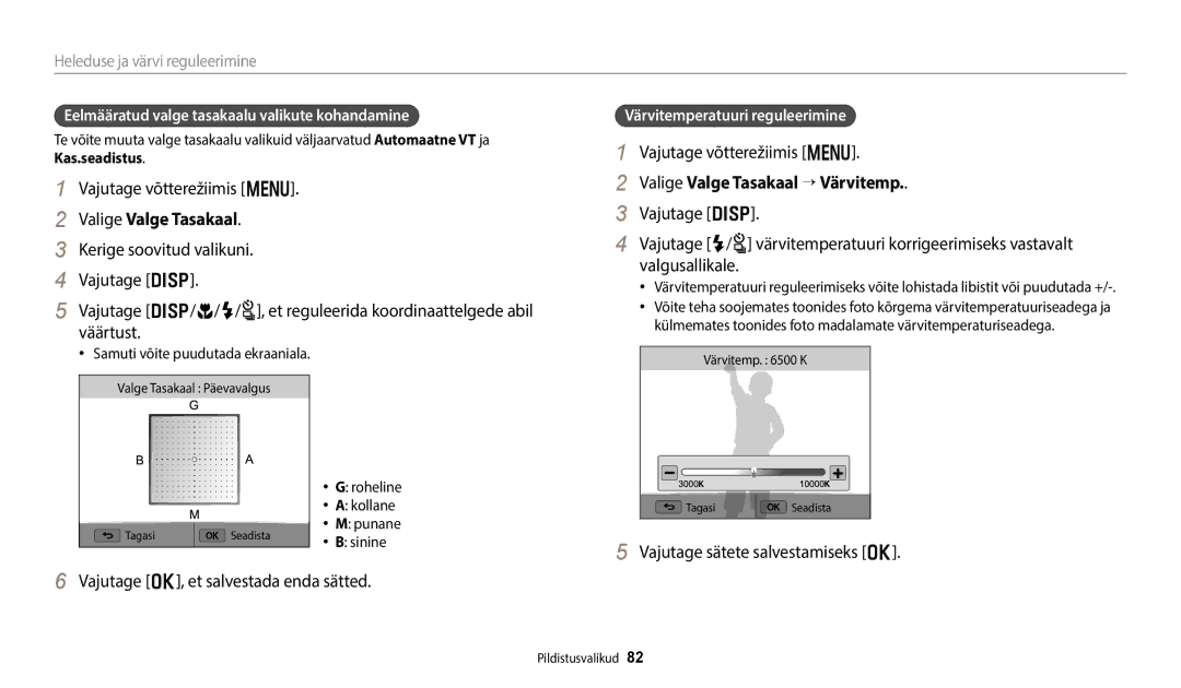 Samsung EC-WB800FFPWE2 manual Valige Valge Tasakaal “ Värvitemp, Eelmääratud valge tasakaalu valikute kohandamine, Sinine 