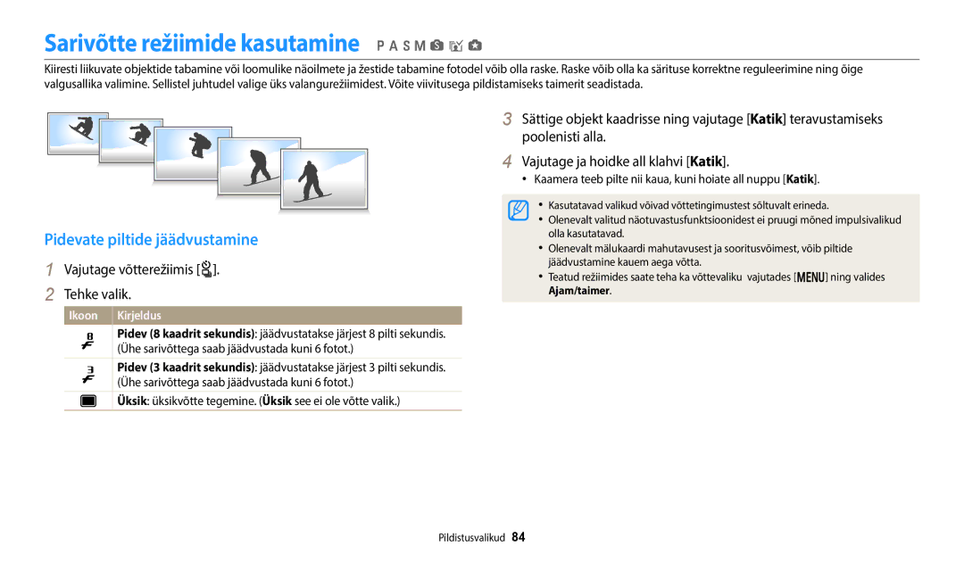 Samsung EC-WB800FBPWE2, EC-WB700ZBPBE2 manual Sarivõtte režiimide kasutamine p a h M s i g, Pidevate piltide jäädvustamine 