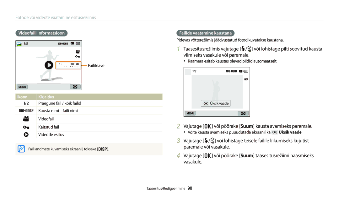 Samsung EC-WB700ZBPBE2, EC-WB800FBPWE2 Vajutage o või pöörake Suum kausta avamiseks paremale, Videofaili informatsioon 