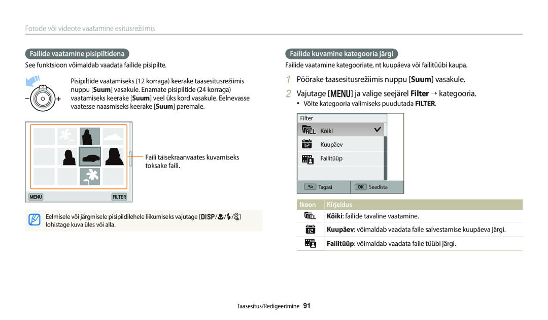 Samsung EC-WB800FBPBE2, EC-WB800FBPWE2, EC-WB700ZBPBE2 Failide vaatamine pisipiltidena, Failide kuvamine kategooria järgi 