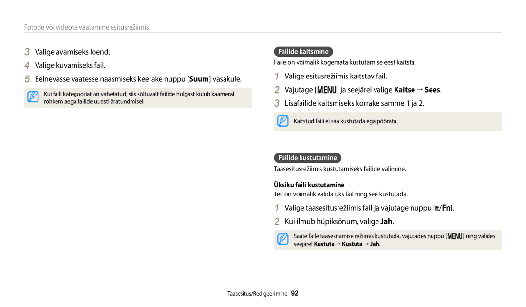 Samsung EC-WB800FFPWE2 manual Valige avamiseks loend Valige kuvamiseks fail, Failide kaitsmine, Failide kustutamine 