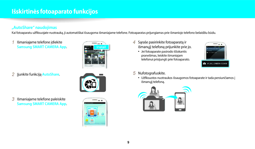 Samsung EC-WB800FBPWE2 manual Išmaniajame telefone įdiekite, Įjunkite funkciją AutoShare Išmaniajame telefone paleiskite 