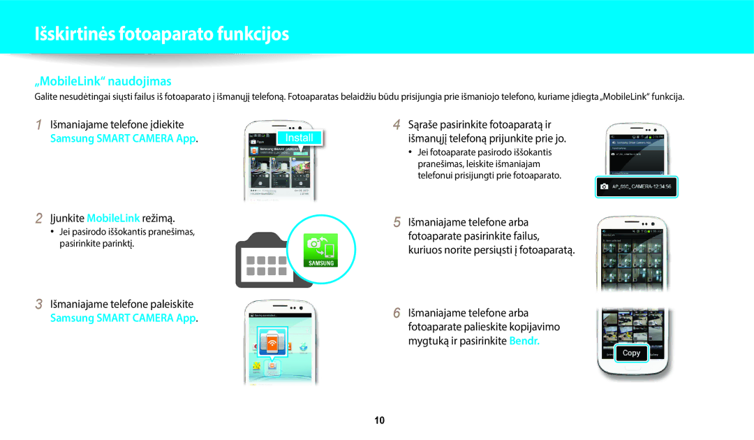 Samsung EC-WB700ZBPBE2, EC-WB800FBPWE2, EC-WB800FBPBE2, EC-WB800FFPWE2 „MobileLink naudojimas, Įjunkite MobileLink režimą 