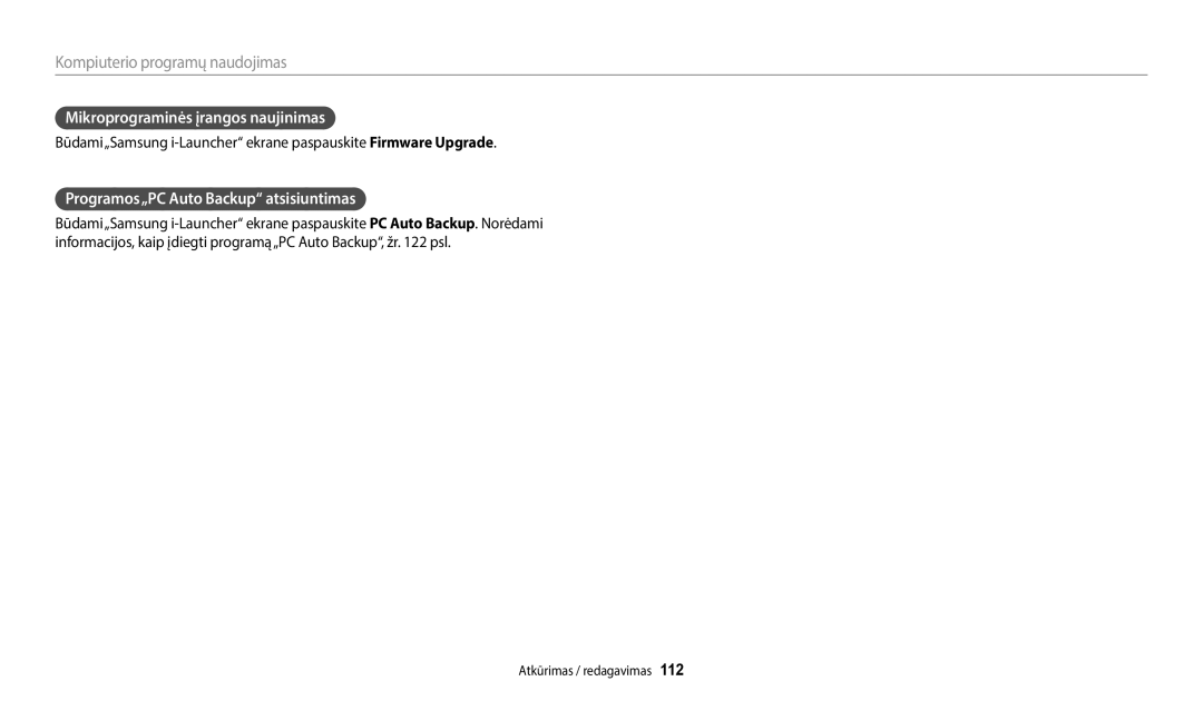 Samsung EC-WB800FFPWE2, EC-WB800FBPWE2 manual Mikroprograminės įrangos naujinimas, Programos„PC Auto Backup atsisiuntimas 